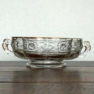 Jeannette "Aztec Rose" Clear Floral 2- Handled Dish with Gold Trim Vintage